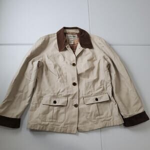 LL Bean Jacket Womens Medium Beige Chore Barn Coat Corduroy Flannel Lined Canvas